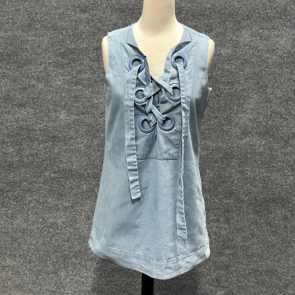 English Factory Dress Womens S Blue Denim Lace Up Sleeveless Tank Shift Mini